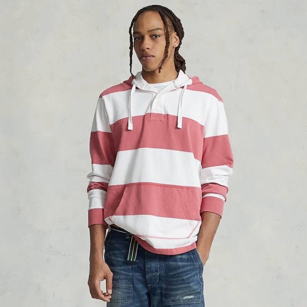 Polo Ralph Lauren Striped Cotton Rugby Shirt Hoodie sz M in Faded Red/White NWT